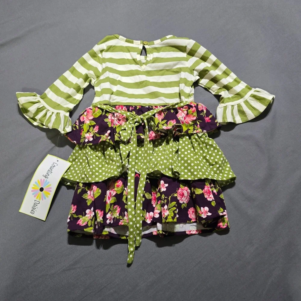 Counting Daisies Ruffle Dress Girls 4T Olive Floral Stripe Polka Dot F788651